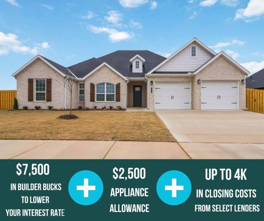 This spacious 2,141 sq ft floorplan welcomes upon entrance. The split-bedroom layout provides added privacy, with the primary suite tucked away on one side of the home and the additional three bedrooms on the other. Ceiling fans in all bedrooms help maintain comfort throughout the home. At the heart of the home, you'll find an open-concept living, kitchen, and dining area—perfect for entertaining or everyday living.  Stainless steel appliances bring a modern touch to the kitchen. A composite granite sink combines style with durability. Enjoy outdoor relaxation on the covered back patio and take advantage of the convenience of a 3-car garage. A flower bed and front landscaping enhance the home’s curb appeal. For a limited time, Lower your interest rate with $7,500 from the builder + $2,500 appliance allowance + up to 4k in closing costs from select lenders. For a total of up to 14K with lender incentives. Fence, blinds, and gutters are all included.