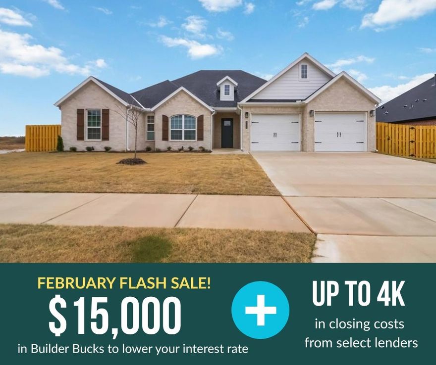 This spacious 2,141 sq ft floorplan welcomes upon entrance. The split-bedroom layout provides added privacy, with the primary suite tucked away on one side of the home and the additional three bedrooms on the other. Ceiling fans in all bedrooms help maintain comfort throughout the home. At the heart of the home, you'll find an open-concept living, kitchen, and dining area—perfect for entertaining or everyday living.  Stainless steel appliances bring a modern touch to the kitchen. A composite granite sink combines style with durability. Enjoy outdoor relaxation on the covered back patio and take advantage of the convenience of a 3-car garage. A flower bed and front landscaping enhance the home’s curb appeal. For a limited time, Lower your interest rate with $7,500 from the builder + $2,500 appliance allowance + up to 4k in closing costs from select lenders. For a total of up to 14K with lender incentives. Fence, blinds, and gutters are all included.