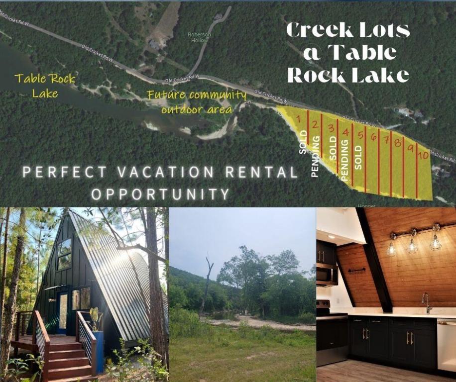 Located just 20 minutes outside of Branson near Table Rock Lake, welcome to your private cabin in the woods! New construction A Frame cabins with customizable luxury finish options and upgrades for private amenities. 1+\- acre parcels fronting Cricket Creek with private hiking trails and access to the lake. Close to Cricket Creek Marina, Big Cedar Lodge and the Thunder Ridge Amphitheater. Multiple ATV and off-road trails near by including the new Fox Creek Park. Close to the attractions but tucked away in nature. No HOA and no restrictions. Create your own private retreat, full time residence or short term rental investment with room to grow. Two floor plans to choose from or purchase the land and bring your own builder. Sellers are licensed agents.