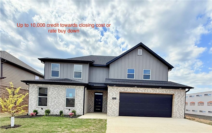 This gorgeous home, located right across from Gamble Elementary, features an open kitchen with a spacious walk-in pantry, luxury vinyl plank flooring throughout the first floor, and custom kitchen cabinets that reach the ceiling. The main level includes two bedrooms and two full baths, while the second floor offers two additional bedrooms, a full bath, and a theater/game room—perfect for entertaining.

****** Up to $10,000 towards closing cost or rate buy down. Up to $5,000 from seller and up to $5,000 credit  Preferred lender*****
You’ll find several upgrades throughout the house which includes quartz countertops, tiled showers, an electric fireplace, and a gas drop for outdoor grilling. The kitchen is equipped with ample power outlets and an oversized pantry, along with an EV port in the garage for electric vehicles. Conveniently walkable to Gamble Elementary and Bentonville West High School, this home also provides easy access to I-49 for quick trips to Walmart offices.