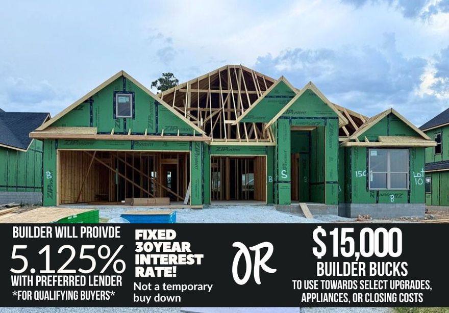 Home features 3 Bedroom plus an office.** Limited time ** Contract in October and save an estimated $338 on monthly payment. Builder will provide a 5.38% 30 year fixed interest rate for qualified buyers with use of preferred lender. This is a permanent rate not a temporary buy down. Preferred lender will pay up to an additional $5,000 towards buyers closing costs. OR bring your own lender and get 10K concessions from builder. Home also includes fence, blinds, & gutters at no additional cost. Completion estimated November 2025. Stop by the open house every Sunday 1-4 PM to learn about all the standard features included.