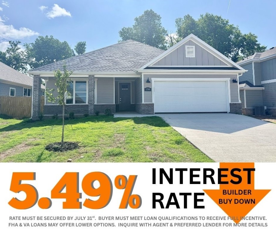 5.49% INTEREST RATE/BUILDER BUY DOWN & fence, blinds and gutters included! Discover your dream home in the new neighborhood- Jacob's Crossing. Fredrick plan with 1 level, garage on the right & West facing! 10 ft ceilings in the living room, linear electric fireplace, LVP flooring throughout the main living areas & primary bedroom, quartz countertops & more. Chef's kitchen boasting frigidaire stainless steel appliances, gas range, pantry, quartz countertops, bar pull handles, large island & gorgeous backsplash. Luxurious primary bedroom features abundant natural light, while the spa-like primary bathroom offers a walk-in shower, double sinks, tub & spacious walk-in closets. Additional features include three large secondary bedrooms and a separate laundry room. Nestled on a generous lot with covered patio that overlooks the serene sodded, fully fenced backyard, creating an exceptional living experience. Sturdy concrete siding & brick! Model home located at 3631 Tranquility St- Lot 1.