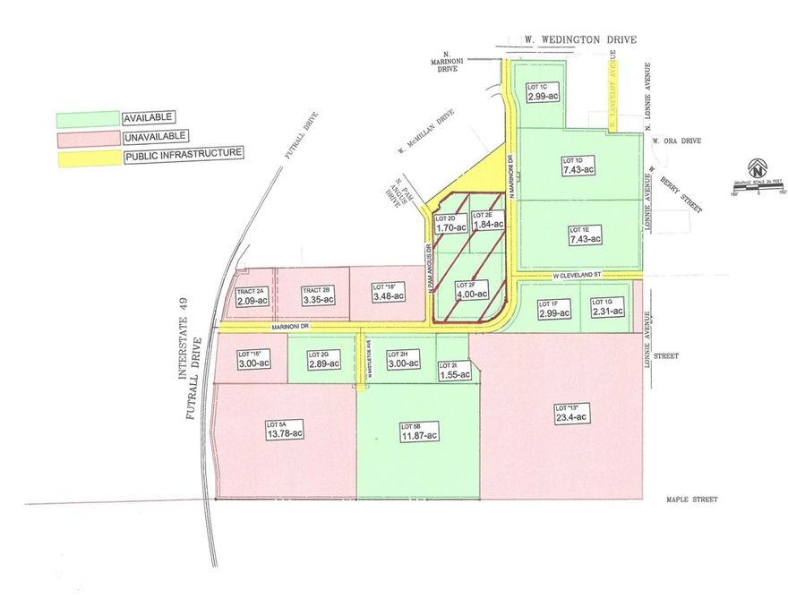Centrally located large property zoned UT - Urban Thoroughfare, high density, mixed use, up to 7 stories and administrative approval.  Also, a Certified Opportunity Zone.  Property to the east and south is also available if you need more.  Incredible street frontage.  Marinoni Drive is a 3-lane street. PAM Angus Drive is a direct route to the newly improved access to I-49. 3 lots can each be divided up to 4 lots each with administrative approval.  Lots of options for usage.  On the entire property there is a double flag Marriott, a double flag Hilton and a Hyatt Hotel going in now.  Along with 2 sit-down restaurants, a coffee shop, a multi-use project and 2 large apartment complexes, all in progress. The entire south border of the overall property borders the City of Fayetteville trails park and the 18-mile traverse trail cuts through at that location.  Wedington Drive is the main west entrance to the City of Fayetteville and the University of Arkansas.