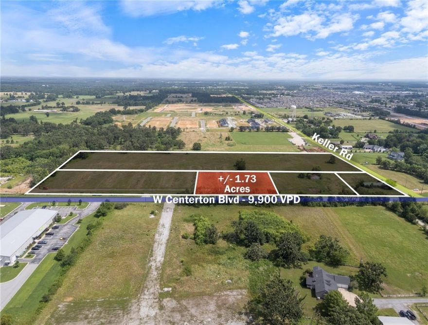+/- 1.73 acres of prime land available off of W Centerton Blvd in Centerton. Currently zoned A-1 Agricultural, this property offers a strong redevelopment opportunity for commercial use. Ideal for an office, retail space, or QSR, this lot is strategically positioned on W Centerton Blvd, which sees approx. 9,900 VPD. Gas is available on site, Water is available at the street, and Sewer is available approx. 750' to the east of the property. The location is less than one mile from Highway 279, around 1.5 miles from Centerton's Main St., approx. 2 miles from Bentonville West High School, and just 7.5 miles from Northwest Arkansas National Airport (XNA), making it a convenient and high traffic area for a future business development. Build-to-suit/Ground Lease options will also be considered!