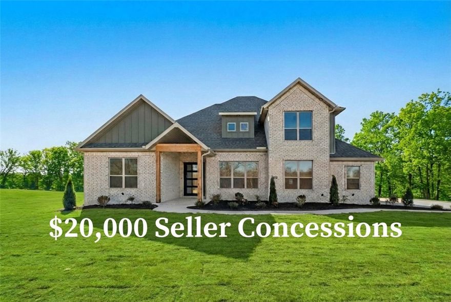 Located in the gated community of The Reserve at Serenity Ridge, this stunning 2-story Dreamwood plan offers luxury living on a spacious 1-acre lot. This home features 5 bedrooms, 4.5 bathrooms, and an inviting open layout designed for everyday comfort and high-end living. The large gourmet kitchen includes built-in banquette seating, custom soft-close cabinetry, double ovens, and sleek quartz countertops—perfect for hosting and gathering. The primary suite is a true retreat with a cozy sitting area, a spa-inspired bathroom featuring a free-standing tub, an oversized tiled shower, and a generous walk-in closet.  Enjoy year-round outdoor living on the expansive deck with a fireplace, creating the perfect backdrop for morning coffee or evening relaxation. A rare opportunity to own a beautifully crafted home on a full acre in one of NWA's most gated communities. Seller is offering $20,000 in concessions. Taxes are based on land only. Some photos are AI staged.