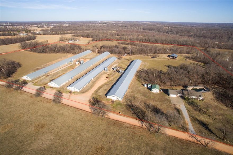 Great starter farm or farmette for the gentleman farmer. 90,000 bird placement 5 times a year produces about $190,000 gross income with this Tyson Noel Complex contract (currently inactive). Expenses run about $70,000 annually. 2 40x400s built in 1991 and 2 43x500s built with wood trusses in 2003. About 20 acres are in use for pasture and hay. Home comfortable with a nice bonus room and all the appliances convey. Come see!