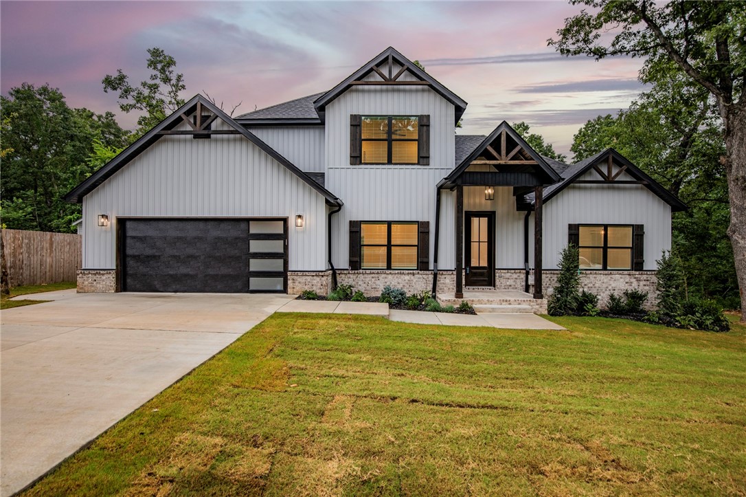 Brand New Bella Vista Home! 2 bed + OFFICE/2.5 bath home in desirable location less than 3 miles to I-49 highway. Very close to Highlands Golf Course & Pub + Branchwood recreation center. Open concept/split bedroom floor-plan boasts lots of natural light with high end quality finishes featuring wood flooring in living area/kitchen, quartz countertops, vaulted ceiling w/beams in master bedroom, insulated garage/garage door, upstairs room with a wet bar, built in stainless steel appliances, mud-room, eat-in kitchen, and covered deck in back for entertaining. Spacious master suite has whirpool tub with double vanity, walk-in custom tile shower with frameless shower door in master bath. Custom landscape package with fully sodded yard. Generac transfer switch already installed. ($1k value). $0 down payment. 100% financing. Rural development loan eligible. Blinds and gutters included in purchase price.