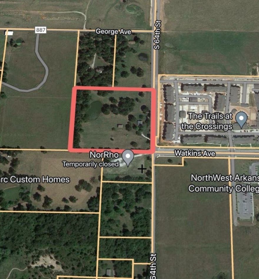 BACK ON MARKET THROUGH NO FAULT OF SELLER.....This property is at the corner of Watkins and S. 64th near NWACC and Arvest Ball Park and the heart of the Springdale Care Corridor. Property is currently zoned Agri but is perfect for multi-family or commercial. This area is quickly developing, so do not miss your opportunity to get your hands on this wonderful property.  With easy access to I-49 (2min) and 412 (1 min), you have quick access to everything NWA. Buyer will be responsible for zoning change.