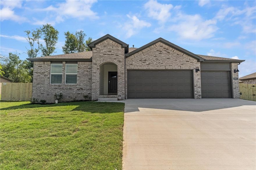 Available now! Beautiful 4BR/2BA home with 3-car garage in Hudson Heights, Prairie Grove! This new build offers quartz counters, stainless appliances (all included), gas range, pantry, and open layout with luxury vinyl plank flooring. Primary suite features dual sinks, oversized walk-in shower & large walk-in closet. Enjoy the fenced backyard and covered patio—ideal for relaxing or entertaining.  Located just west of Fayetteville/Farmington with quick access to Hwy 62. Minutes to Prairie Grove Battlefield State Park with trails & events, Prairie Grove Aquatic Park, antique shops & cafés downtown, and Razorback Greenway trailheads. Short drive to Fayetteville’s dining, shopping & University of Arkansas. Fridge, Washer & Dryer Included plus an electric fireplace in the living room, programmable thermostat, LED lighting & keyless entry. Move-in ready—don’t miss this one!