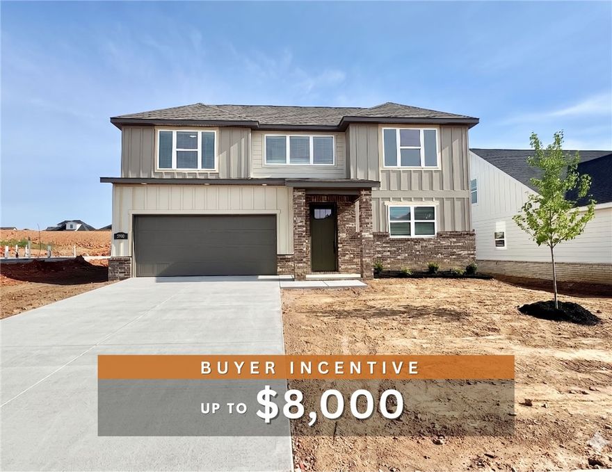 Fence, blinds and gutters included! Discover your dream home in the sought-after Osage Hills neighborhood. Frisco plan with garage on the left and South facing! 9 ft ceilings, linear electric fireplace, LVP flooring throughout the main living areas and primary bedroom, quartz countertops and more. Chef's kitchen boasting frigidaire stainless steel appliances, gas range, pantry, quartz countertops, bar pull handles, large island and gorgeous backsplash. Luxurious primary bedroom features abundant natural light, while the spa-like primary bathroom offers a walk-in shower, tub, double sinks, and spacious walk-in closets. Additional features include three large secondary bedrooms upstairs and a separate laundry room. Nestled on a generous lot with covered patio that overlooks the serene sodded, fully fenced backyard. Sturdy concrete siding & brick! Model home located at 6008 SW Coywolf St- Lot 122.