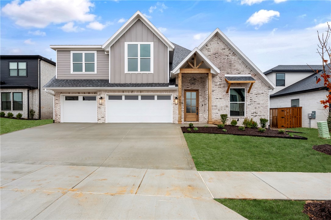 Fabulous new Construction in Bentonville’s newest subdivision of Aurora! Quality built with beautiful modern fixtures and features throughout. Great floorplan with 4BRS, 3.5Bas. Master Suite on Main level. Interior features include stunning accent walls, custom cabinets, quartz counters, hardwood floors, and modern light fixtures. Open living area to kitchen featuring gas cooktop and top of the line appliances. Office or great flex room down, Upstairs game/media room wired for sound or optional bedroom. Smart home Electronics package, security system and professional landscape package included. Covered back patio to enjoy year-round and three car garage. Future neighborhood amenities to include 2 Pools, Playground, Sports Court, and Open-Air Clubhouse!