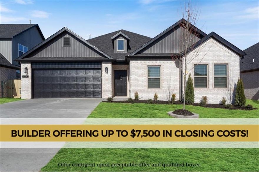 Builder is offering up to $7,500 towards closing costs, interest rate buy down or towards an appliance package! The "ROSS" plan boasts a spacious single story open-concept layout with luxurious finishes including vaulted ceilings, quartz countertops, inviting entry way, upgraded lighting fixtures, custom cabinets, black stainless steel appliances, gas fireplace, gas range, oversized tiled walk in shower in primary bathroom with rainfall shower head & luxury vinyl plank floors throughout. Enjoy standard inclusions such as insulated garages, full home gutters, privacy fence, & 2” blinds throughout. Community pool coming in Phase 2! Under 10 minutes to XNA Airport and under 20 minutes to Downtown Bentonville and New Walmart Campus. South Facing!