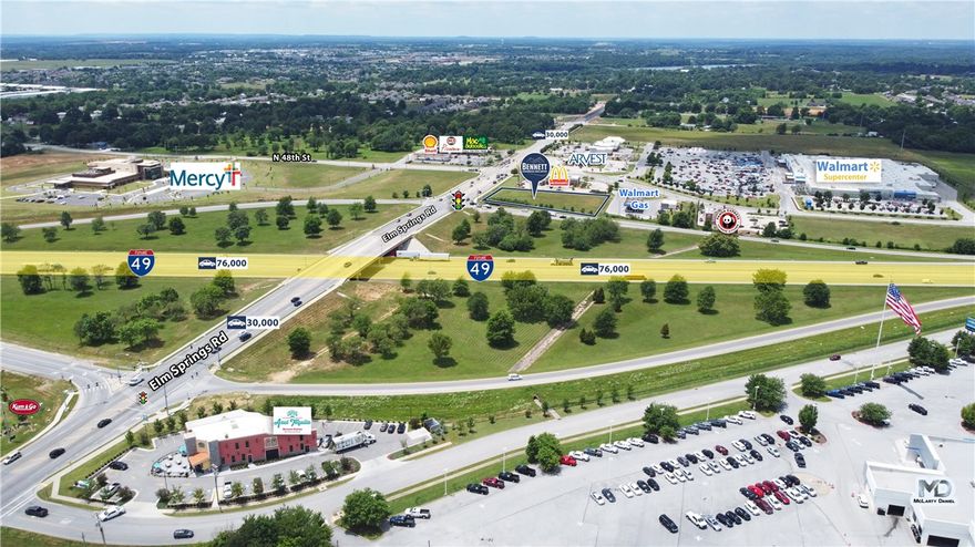 Prime development opportunity in a Walmart Supercenter anchored subdivision with direct
exposure to I-49. You will be hard pressed to find a more visible lot on an I-49 intersection in
Northwest Arkansas. This lot is the most prominent in the subdivision and any building
constructed on the lot will have the highest finished floor elevation in the area. This is also
the last lot in the s/d that has an easement and ECR approval for a pylon sign (city variance
required). Banks and Burger restaurants are restricted per the subdivsion ECRs( easements,
covenants & restrictions) and max building size is 8,400 SF. Ground Lease and Build to Suit by
developer is also an option.