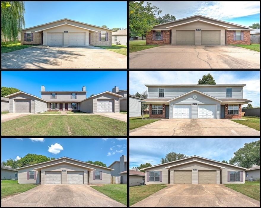 Package of 6 Duplexes (12 units total) for sale. Excellent investment opportunity in West Fayetteville! Freshly remodeled duplexes (3 bedrooms, 2 bathrooms, 1 car garage per side - 3436/3438 Harvard & 1266/1268 Chickadee are 2 story and 2.5 bathrooms per side) with brand new flooring, interior paint, refinished cabinets, new counter tops, and new lighting & plumbing fixtures throughout. Brand new kitchen appliances including Refrigerator! Washer/dryer hookups. Conveniently located just a mile from I-49 and less than 3 miles to the UofA. Close to bus routes, trails, shopping, restaurants, and all amenities Fayetteville. Each individual duplex is also for sale separately, see ML#1285934, 1286541, 1285236, 1287412, 1287456, and 1287459.