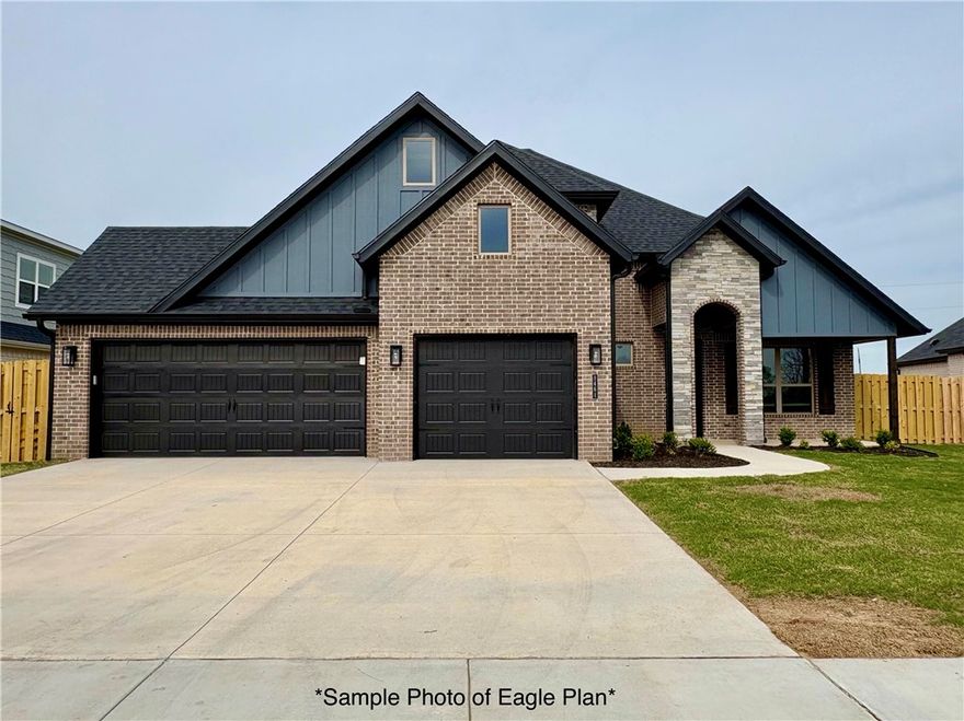 Welcome to Hillcrest in Cave Springs!Located in the heart of Northwest Arkansas, this thoughtfully planned community is just minutes from premier shopping, dining, entertainment, and top-rated schools.The Eagle Plan offers 2,835 square feet of thoughtfully designed living space, featuring 5 bedrooms and 3 full bathrooms. On the main level, you'll find an inviting open-concept layout that seamlessly connects the living, dining, and kitchen areas. Conveniently located just off the three-car garage, the mudroom and utility room offer practical everyday functionality and flow directly into the spacious primary suite. This smart split-floor layout ensures the primary suite remains a private retreat, separate from the rest of the main-floor living spaces.Also on the first floor is a secondary bedroom and a full bathroom.Upstairs, three additional bedrooms share a full bathroom.Outside, a covered back patio with a cozy fireplace creates a perfect space to enjoy the outdoors in comfort, all year long.