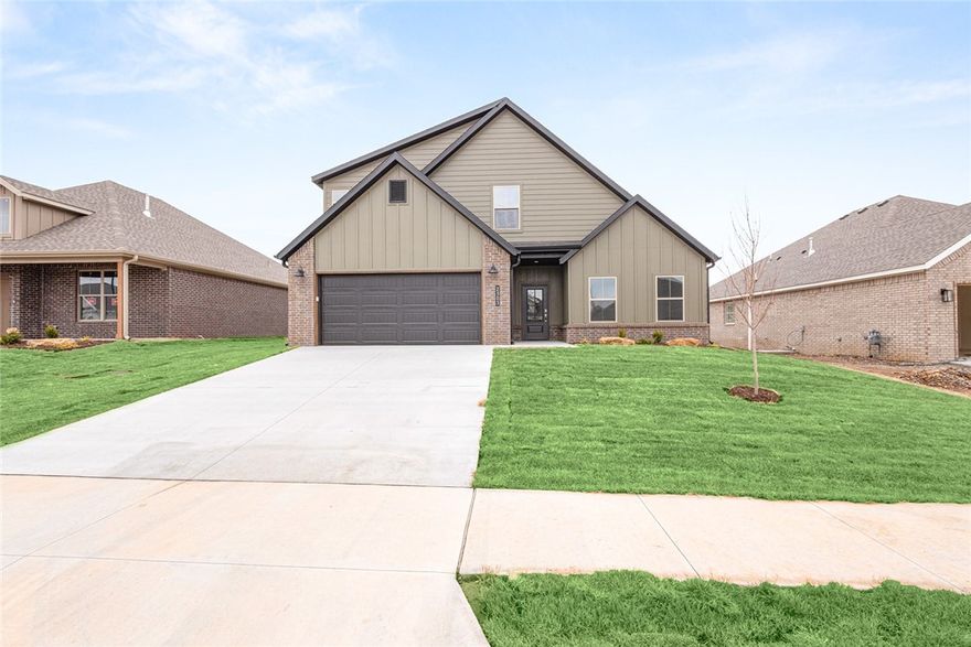 Beautiful New Construction Home in Heritage Ranch Subdivision! This 2,148 SF home has 4 bedrooms, spacious open living, abundant storage and large covered patio. Foyer entry welcomes you in with garage access to the right and guest bedroom and bathroom to left. The living room boasts vaulted ceilings and a fireplace feature, along with great natural light. Gorgeous LVP flooring throughout the living areas. The kitchen is open to living and dining, perfect setup for everyday and entertaining. A massive pantry offers amazing storage space. Bright dining area with backyard views. The primary suite is a spacious and relaxing retreat with attached bath featuring a large shower, soaking tub and WIC connecting to laundry. Upstairs are two guest bedrooms and guest bath. Covered patio is an excellent outdoor living space and enjoy your yard space. Located next to Schools, Aquatic Center and Parks. Nearby John Brown University and historic Downtown. Homes contracted through 12/30 receive Blinds and Frigidaire Refrigerator!