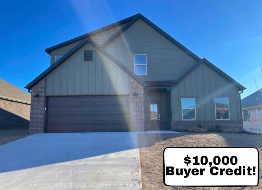 Beautiful New Construction Home in Heritage Ranch Subdivision! This 2,148 SF home has 4 bedrooms, spacious open living, abundant storage and large covered patio. Foyer entry welcomes you in with garage access to the right and guest bedroom and bathroom to left. The living room boasts vaulted ceilings and a fireplace feature, along with great natural light. Gorgeous LVP flooring throughout the living areas. The kitchen is open to living and dining, perfect setup for everyday and entertaining. A massive pantry offers amazing storage space. Bright dining area with backyard views. The primary suite is a spacious and relaxing retreat with attached bath featuring a large shower, soaking tub and WIC connecting to laundry. Upstairs are two guest bedrooms and guest bath. Covered patio is an excellent outdoor living space and enjoy your yard space. Located next to Schools, Aquatic Center and Parks. Nearby John Brown University and historic Downtown. Homes contracted through 12/30 receive Blinds and Frigidaire Refrigerator!