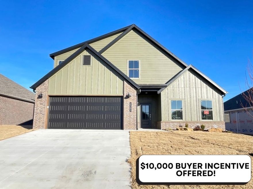 Beautiful New Construction Home in Heritage Ranch Subdivision! This 2,148 SF home has 4 bedrooms, spacious open living, abundant storage and large covered patio. Foyer entry welcomes you in with garage access to the right and guest bedroom and bathroom to left. The living room boasts vaulted ceilings and a fireplace feature, along with great natural light. Gorgeous LVP flooring throughout the living areas. The kitchen is open to living and dining, perfect setup for everyday and entertaining. A massive pantry offers amazing storage space. Bright dining area with backyard views. The primary suite is a spacious and relaxing retreat with attached bath featuring a large shower, soaking tub and WIC connecting to laundry. Upstairs are two guest bedrooms and guest bath. Covered patio is an excellent outdoor living space and enjoy your yard space. Located next to Schools, Aquatic Center and Parks. Nearby John Brown University and historic Downtown. Homes contracted through 12/30 receive Blinds and Frigidaire Refrigerator!