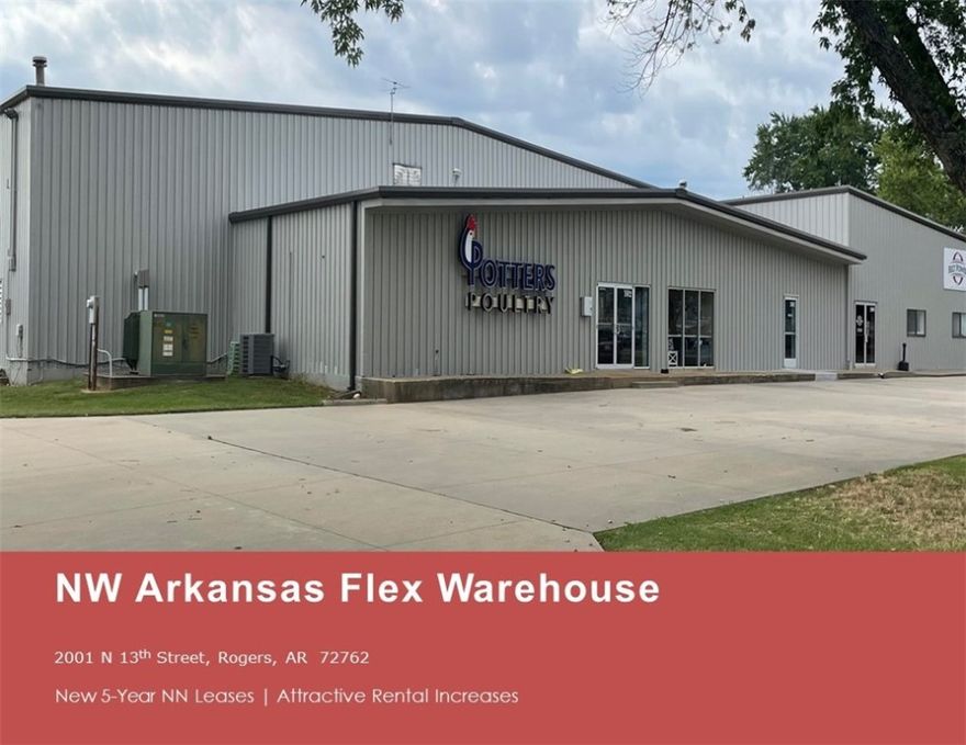 Newly remodeled and fully leased three (3) Tenant Flex Warehouse property located in Rogers, AR.  The subject property consists of approximately 2.3 acres and a 21,305 sf building.  Subject property is located on Primary Arterial frontage with full truck circulation, new loading dock, and at grade roll ups for each Suite.