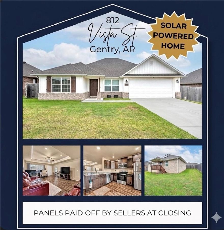 Beautiful country setting conveniently located in the middle of NWA. Located in a Rural Development area, so qualified buyers could move in with NO DOWN PAYMENT! Come see this beautiful 4 bedroom, 2 bathroom home with Solar panels providing energy efficiency & cost savings! Move into 1,654 sq feet of practically new construction, Split floor plan. Beautiful dark-stained cabinetry and flooring provide a sense of elegant living throughout the home. Attached 2-car garage and ample closet space in each room. This home includes: Granite Counter Tops, Full Blinds, Jacuzzi tub in master, Stainless steel appliances. Solar panels will be paid off buy seller at closing.