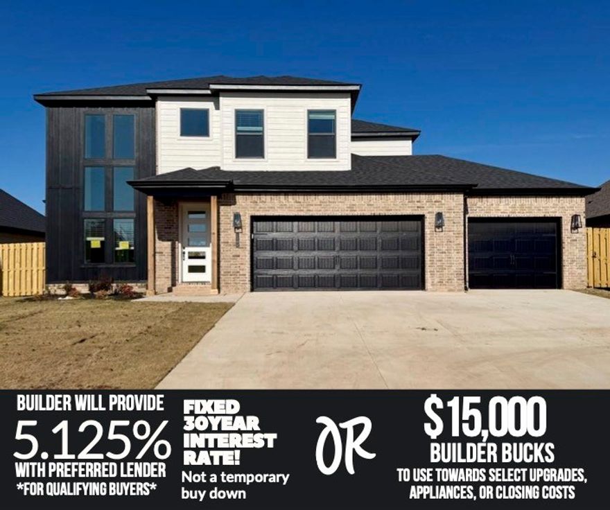 **Limited time*** Save and estimated $358 on monthly payment. Builder will provide a 5.5% 30 year fixed interest rate for qualified buyers with use of the builder's preferred lender. Preferred lender will pay up to an additional $5,000 towards buyers closing costs. OR bring your own lender and get 10K concessions from builder. Home also includes fence, blinds, & gutters at no additional cost. 
Welcome to Hillcrest in Cave Springs — where peaceful surroundings meet convenience. This new construction offers 4 spacious bedrooms, office, 2.5 baths, and 2,630 sq ft of thoughtfully designed living space. Nestled on a .19-acre lot, you’ll enjoy peaceful surroundings while being just minutes from all that Northwest Arkansas has to offer. The open-concept main floor features wood flooring, natural light, and fireplace in the living room. The primary suite includes a soaking tub, walk-in shower, and walk-in closet. Upstairs features three additional bedrooms and a full bath.