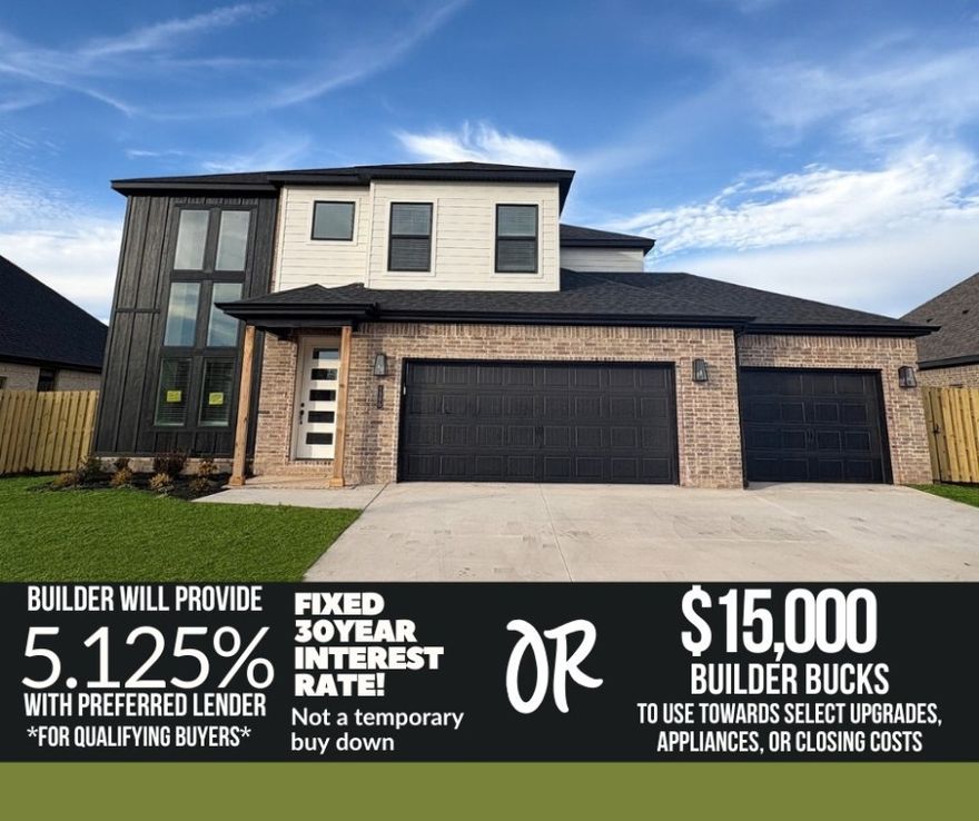 **Limited time*** Save and estimated $358 on monthly payment. Builder will provide a 5.5% 30 year fixed interest rate for qualified buyers with use of the builder's preferred lender. Preferred lender will pay up to an additional $5,000 towards buyers closing costs. OR bring your own lender and get 10K concessions from builder. Home also includes fence, blinds, & gutters at no additional cost. 
Welcome to Hillcrest in Cave Springs — where peaceful surroundings meet convenience. This new construction offers 4 spacious bedrooms, office, 2.5 baths, and 2,630 sq ft of thoughtfully designed living space. Nestled on a .19-acre lot, you’ll enjoy peaceful surroundings while being just minutes from all that Northwest Arkansas has to offer. The open-concept main floor features wood flooring, natural light, and fireplace in the living room. The primary suite includes a soaking tub, walk-in shower, and walk-in closet. Upstairs features three additional bedrooms and a full bath.