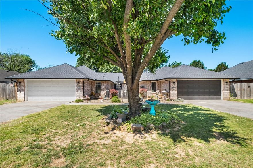 True Side-by-Side Duplex updated. Perfect for owner occupy one side + rent the other, multi-generational living or pure investment. Separately metered utilities. Enter through a private gate to a beautiful, landscaped courtyard, concrete walkway covered by a pergola.  Approximately 15 minutes to Bentonville Walmart Campus. Close to Schools, trails and shopping. Fantastic location! 3 bedroom 2 full baths on each side. Designed for dual living with complete independence. Recent updates on both units include new roof, gutters, interior paint, bathroom faucets, high rise toilets, new back doors, screened security front doors, added insulation in attic, new exterior and interior lighting fixtures, wood fence with double extended gates, and flooring. Unit A as of 2025 has a new furnace, full length patio with patio cover and bar, new garage door opener with springs. Unit B has newly installed High efficiency double pane vinyl windows, walk-in-shower with step in bathtub ($12,000), patio and patio cover and garage door.