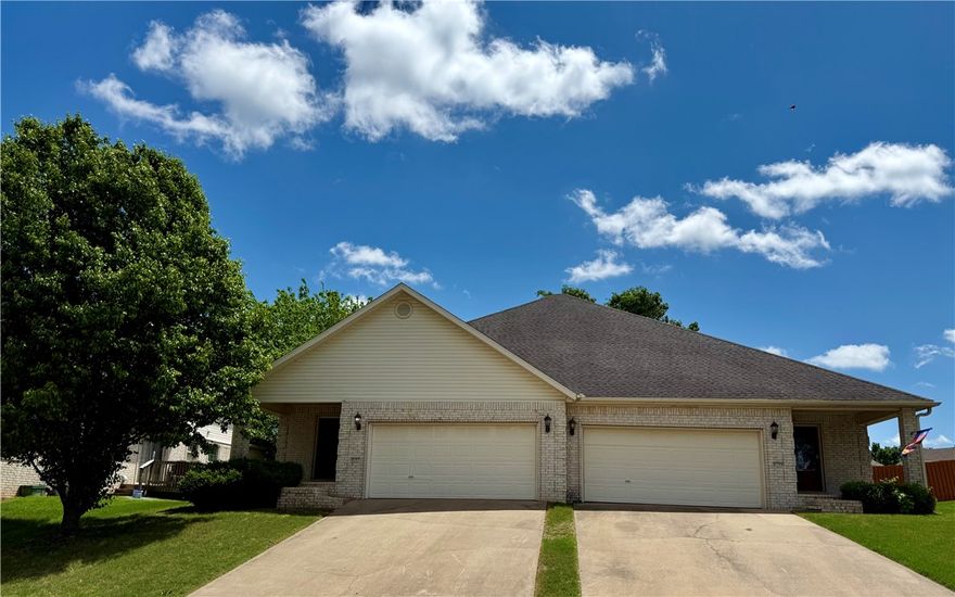 Upscale Duplex located on a corner lot, One side is currently occupied on a month to month bases.  Make the vacant side your home and continue to lease occupied side or perfect for an extended family situation.  Harmony Pointe Park is located just down the street and has a cozy neighborhood feel with single family homes as the primary homes in this neighborhood. Both sides are equipped with washer, dryer and refrigerator.  Both sides have 3 bedrooms, 2 full baths, pantry, 2 car garage, extra wide hallways, ceramic tile throughout, new granite on vacant side, front porch and backyard patio with privacy fence around backyards. Make your showing time appointment and make this your home or a great investment.