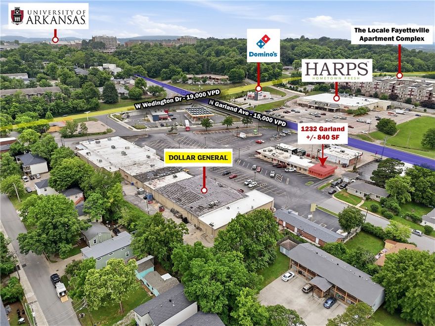 Position your business in the heart of a high traffic retail corridor with this well located +/- 840 SF office space in the Oak Plaza shopping center. The layout features a welcoming reception area, four private offices, a utility closet, and a restroom, making it ideal for a variety of office or service based user. Conveniently located near the corner of N Garland Ave and W Wedington Dr, the property is approx. 1.2 miles from the University of Arkansas and just 1.5 miles from I-49, offering excellent accessibility for clients and employees alike. Situated directly across from the Harp's and surrounded by established tenants including Dollar General, Metro by T-Mobile, Lucky Luke's BBQ, and a Brazilian Jiu Jitsu, this location benefits from strong daily traffic and excellent visibility within a thriving neighborhood shopping center.