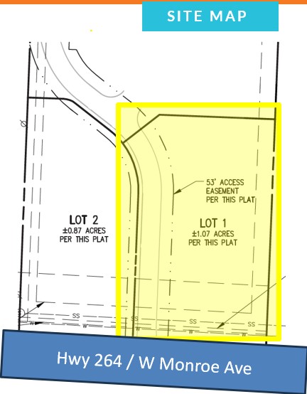This lot is located with Hwy 264/Monroe frontage and has high traffic counts and excellent location. Centrally located in NWA with close proximity to I49.