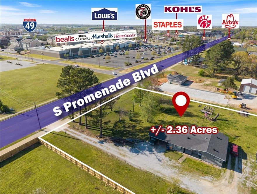 +/- 2.36 acres of prime land available for redevelopment in the heart of Rogers, AR. This strategically
located property is currently zoned T5.1, City Low-Intensity - a zoning classification designed for low-intensity mixed-use developments where medium-scale buildings line streets within corridor and center placetypes. All utilities are on site or in close proximity, making development more efficient. The site is ideally situated caddy-corner from a high-traffic retail center featuring Marshalls, HomeGoods, Shoe
Carnival, and Beall's, and lies just 0.5 miles from I-49, providing excellent accessibility. It's also less than 5 minutes from Lowe's and approx 1.5 miles from the new Whole Foods development, enhancing the property's visibility and appeal. Surrounded by well-established multi-family communities such as The Meridian at Walnut Creek, Promenade Commons, and The Bend on Promenade. This property is perfect for office, retail, or multi-family development in one of NWA's most dynamic and accessible locations.