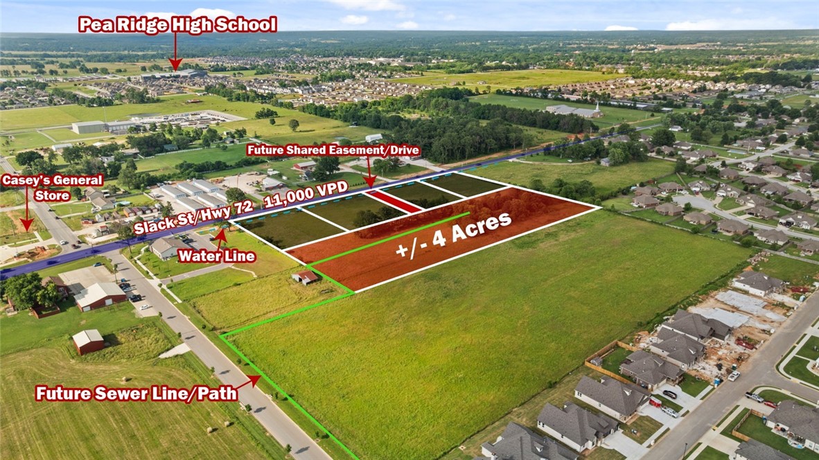 +/- 4 acres of level, partially cleared land right off Slack St/Hwy 72 in Pea Ridge, with approx. 10,000 VPD for high visibility. Zoned C-1 Neighborhood Commercial, this prime location is ideal for a bank, medical or general office building, retail space, or restaurant. Situated near the upcoming Casey's General Store, this property is in a thriving area. Pea Ridge is one of Northwest Arkansas' fastest growing cities, with over 400 building permits issued in 2023, surpassing even Springdale, AR!