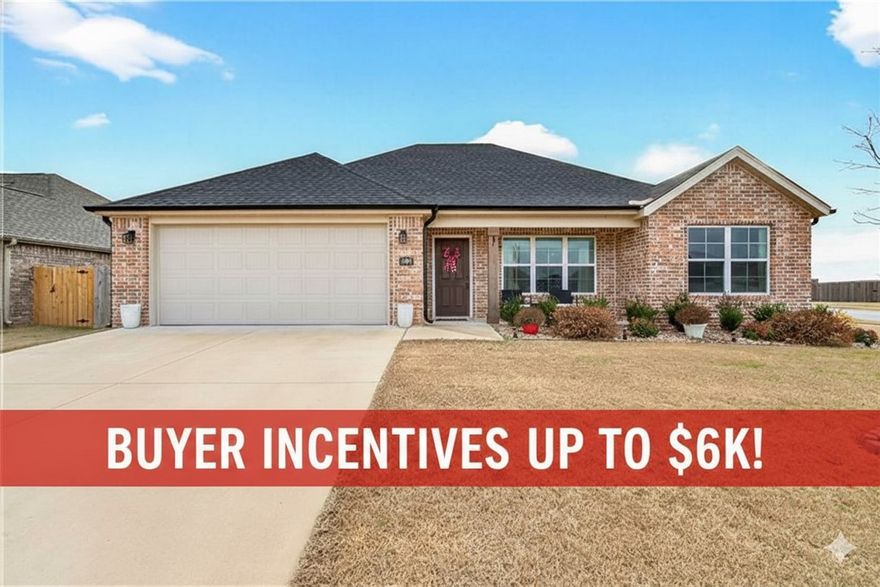 Close to I-49 but tucked away in a quiet neighborhood, this property offers the perfect blend of accessibility, affordability, and spacious rooms to make your life easy to manage. When entering the front, you will feel the bright, open, and inviting layout featuring newer LVP flooring that spans across to the kitchen. There you will see a nice island, granite counters, and stainless appliances. The cabinets have custom appeal, a convenient mud room at the garage entry, tray ceilings, crown molding, and high end finishes you would expect from a 2-year-old home. Out front, the landscaping offers curb appeal, set in front of a cute porch sitting. This corner lot only has neighbors on one side! You’ll have a generous covered back patio space, and great level back yard. The community pool is a short walk down the street, which includes a massive, covered pavilion and playground. Get all this in a fantastic area with resort style amenities and access to all things NW Arkansas! Ask agent about buyer incentives up to $6K!