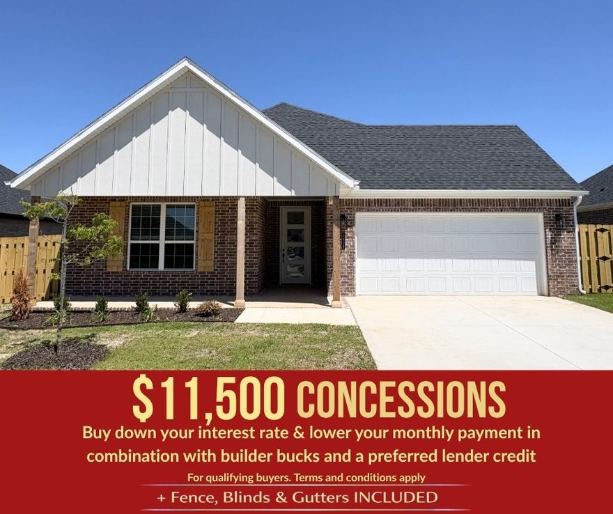 In Pea Ridge, Arkansas, Yorktown Subdivision showcases homes designed to suit a variety of tastes while embracing comfortable, modern living. The Cardinal floor plan offers 1,671 square feet of well-designed space, featuring 3 bedrooms, 2 bathrooms, a 2-car garage, and the ease of one-story living. This home stands out with a grand 8-foot front door that creates a striking first impression while allowing in abundant natural light, and a beautifully appointed kitchen complete with sleek stainless steel appliances that offer both style and long-lasting durability. Thoughtful design and quality finishes throughout make this home an ideal blend of function and elegance.For a limited time, Lower your interest rate with $5,000 from the builder + $2,500 appliance allowance + up to 4k in closing costs from select lenders. For a total of up to 11,500K with lender incentives. Fence, blinds, and gutters are all included.