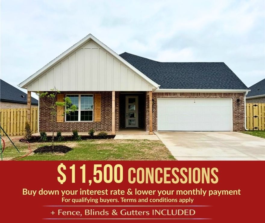 In Pea Ridge, Arkansas, Yorktown Subdivision showcases homes designed to suit a variety of tastes while embracing comfortable, modern living. The Cardinal floor plan offers 1,671 square feet of well-designed space, featuring 3 bedrooms, 2 bathrooms, a 2-car garage, and the ease of one-story living. This home stands out with a grand 8-foot front door that creates a striking first impression while allowing in abundant natural light, and a beautifully appointed kitchen complete with sleek stainless steel appliances that offer both style and long-lasting durability. Thoughtful design and quality finishes throughout make this home an ideal blend of function and elegance.For a limited time, Lower your interest rate with $5,000 from the builder + $2,500 appliance allowance + up to 4k in closing costs from select lenders. For a total of up to 11,500K with lender incentives. Fence, blinds, and gutters are all included.