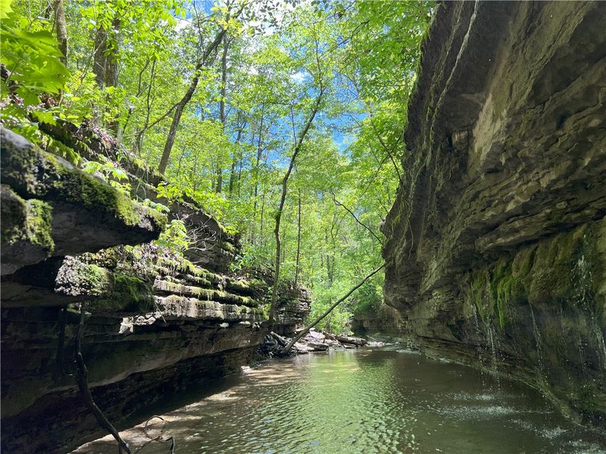 103 Acres in the Ozark mountains. Perfect opportunity for work and play. With 1.3 cleared buildable acreage on hwy 62 and over 800 ft of frontage traffic exposure, it’s location is ideal to establish your business venture and still have over 100 acres of wooded privacy for recreation, homesites or hunting. Notice the view from hwy 62! If an expansive view is what you desire, the topographical elevation is ideal. The possibilities are endless. There are roadways to provide access to the entire property. Canyon bluffs line the east edge and Devils Eyebrow National area and wildlife from Fish and Game Reserve access the southeast corner. The east canyon creek feeds into Spider Creek. This creek is feed from natural springs and rain runoff flow varies with season. The bluffs cascade overhead, with moss, ferns and water trickling down to the creek. Sunlight filtering through the trees, this truly is a majestic hollowed retreat. Only 20-25 minutes to Rogers, Bentonville, Holiday Island, shopping and luxurious amenities.