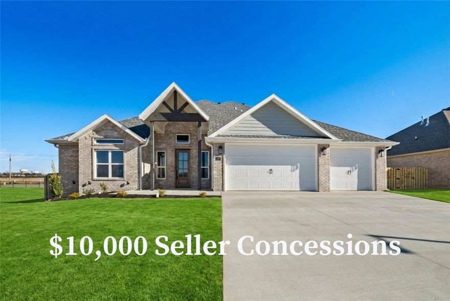 The Augusta Plan in Centerton! Stunning new construction with an open floor plan featuring 4 bedrooms and 3.5 bathrooms. Enjoy the large covered porch with outdoor fireplace, perfect for entertaining. The primary suite offers a tiled shower and spacious wrap-around closet. Upstairs includes 2 bedrooms, 1.5 baths, and a bonus room. Additional features: 3-car garage, gutters, blinds, and fenced yard. The house is still under construction and pictures are not of actual house but similar plan and finish. Taxes are based on land only. The builder is offering $7500 towards closing costs or rate buydown, plus fence, blinds, and gutters. Preferred lender incentives available.