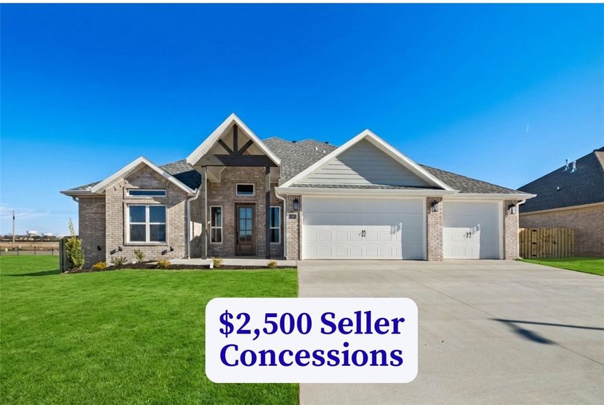 The Augusta Plan in Centerton! Stunning new construction with an open floor plan featuring 4 bedrooms and 3.5 bathrooms. Enjoy the large covered porch with outdoor fireplace, perfect for entertaining. The primary suite offers a tiled shower and a spacious wrap-around closet. Upstairs includes 2 bedrooms, 1.5 baths, and a bonus room. Additional features: 3-car garage, gutters, blinds, and fenced yard. Taxes are based on land only. The builder is offering $2500 towards closing costs or rate buydown, plus fence, blinds, and gutters. Preferred lender incentives available.