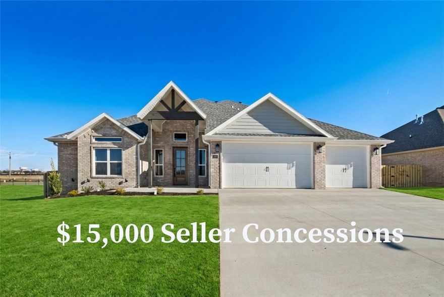 The Augusta Plan in Centerton! Stunning new construction with an open floor plan featuring 4 bedrooms and 3.5 bathrooms. Enjoy the large covered porch with outdoor fireplace, perfect for entertaining. The primary suite offers a tiled shower and a spacious wrap-around closet. Upstairs includes 2 bedrooms, 1.5 baths, and a bonus room. Additional features: 3-car garage, gutters, blinds, and fenced yard. Taxes are based on land only. The builder is offering $15,000 towards closing costs or rate buydown, plus fence, blinds, and gutters. Preferred lender incentives available.