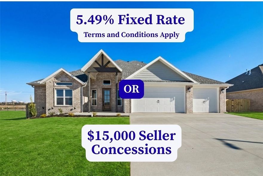 The Augusta Plan in Centerton! Stunning new construction with an open floor plan featuring 4 bedrooms and 3.5 bathrooms. Enjoy the large covered porch with outdoor fireplace, perfect for entertaining. The primary suite offers a tiled shower and a spacious wrap-around closet. Upstairs includes 2 bedrooms, 1.5 baths, and a bonus room. Additional features: 3-car garage, gutters, blinds, and fenced yard. Taxes are based on land only. The builder is offering $15,000 towards closing costs or rate buydown, plus fence, blinds, and gutters. Preferred lender incentives available.