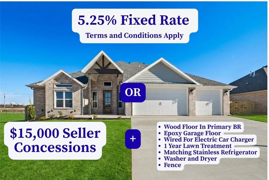 Seller is offering Wood Flooring in the Primary Bedroom, Epoxy Garage Floor, Wired for Electric Car Charger in the Garage, 1 Year Lawn Treatment Program, Matching Stainless Refrigerator, Washer, Dryer, and $15,000 in Closing Costs, OR a 5.25% Fixed Rate (Terms and Conditions Apply with the builder’s preferred lender).The Augusta Plan in Centerton! Stunning new construction with an open floor plan featuring 4 bedrooms and 3.5 bathrooms. Enjoy the large covered porch with outdoor fireplace, perfect for entertaining. The primary suite offers a tiled shower and a spacious wrap-around closet. Upstairs includes 2 bedrooms, 1.5 baths, and a bonus room. Additional features: 3-car garage, gutters, blinds, and fenced yard. Taxes are based on land only.