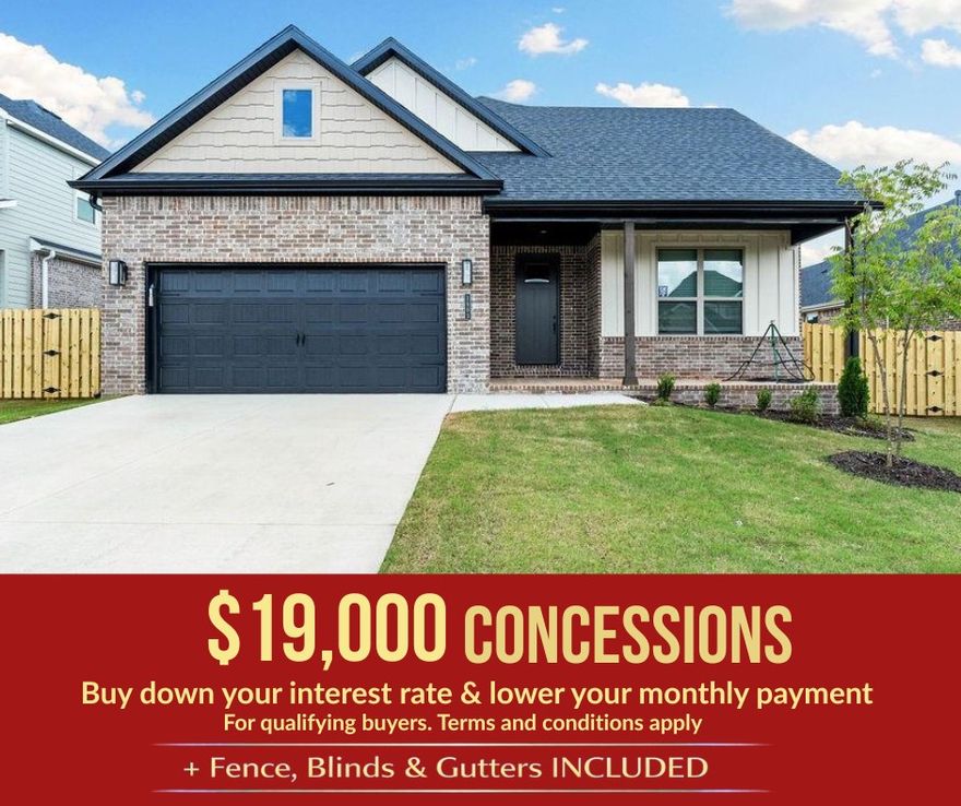 Discover the stork plan perfectly blended with traditional charm and modern design in this stunning 4-bedroom, 2.5-bath home located in the Yorktown Subdivision. With 2,009 sq ft of living space, this single-story home offers comfort, style, and functionality. Step inside to find LVP flooring flowing throughout the living room, kitchen, and hallways—offering both durability and easy maintenance. The modern kitchen features stainless steel appliances, ample cabinetry, and sleek finishes. Enjoy relaxing evenings on the covered back patio, or unwind in your fully fenced backyard. With a two-car garage, spacious bedrooms, and a primary suite designed for comfort, this home truly has it all. For a limited time, Lower your interest rate with $15,000 from the builder + up to 4k in closing costs from select lenders. For a total of up to 19K with lender incentives. Fence, blinds, and gutters are all included.