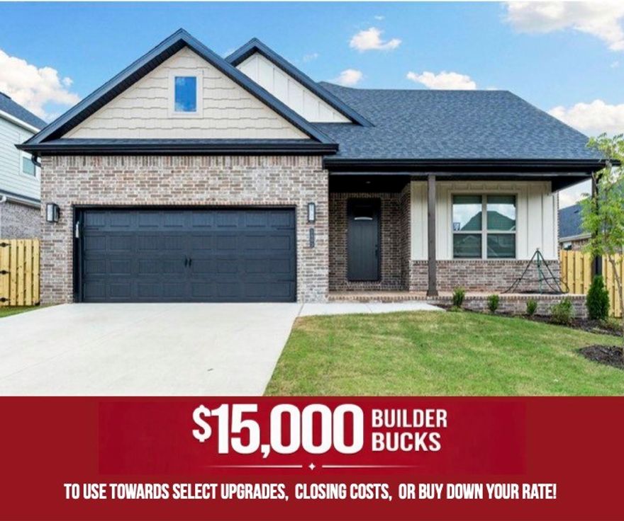 Discover the stork plan perfectly blended with traditional charm and modern design in this stunning 4-bedroom, 2.5-bath home located in the Yorktown Subdivision. With 2,009 sq ft of living space, this single-story home offers comfort, style, and functionality. Step inside to find LVP flooring flowing throughout the living room, kitchen, and hallways—offering both durability and easy maintenance. The modern kitchen features stainless steel appliances, ample cabinetry, and sleek finishes. Enjoy relaxing evenings on the covered back patio, or unwind in your fully fenced backyard. With a two-car garage, spacious bedrooms, and a primary suite designed for comfort, this home truly has it all. For a limited time, Lower your interest rate with $15,000 from the builder + up to 4k in closing costs from select lenders. For a total of up to 19K with lender incentives. Fence, blinds, and gutters are all included.