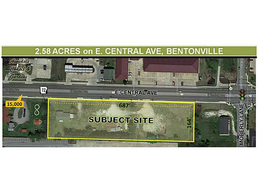 Excellent Development Potential. Level 2.58 Acres +/-, fronting HWY 72/ E Central Ave.  Just a mile from I - 49/540.  Traffic count per day is 15,000 cars. Zoned C-2.  Just minutes of away from Crystal Bridges and Downtown Bentonville.