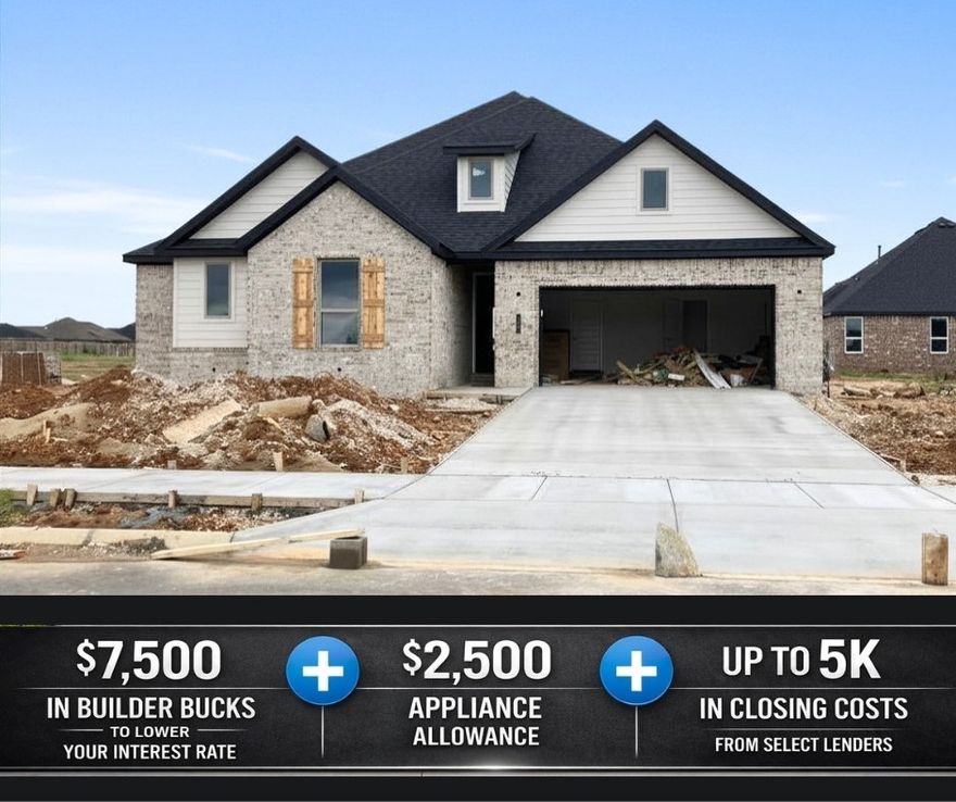 Located just off Highway 412, Bariloche offers quick access to major routes, making daily commutes and travel throughout Northwest Arkansas simple and convenient.The Mulberry floor plan features a layout that provides comfortable, functional space perfect for both everyday living and entertaining.Exterior features include full sod in both the front and back yards, creating an instantly lush look. A thoughtfully designed flower bed and front landscaping add beautiful curb appeal and charm.Inside, bathrooms are enhanced with framed mirrors for a touch of sophistication, along with cabinets installed above the toilets to provide stylish and practical storage.Residents also enjoy access to the community dog park with a walking path located at the back of the neighborhood. For a limited time, Lower your interest rate with $7,500 from the builder + $2,500 appliance allowance + up to 5k in closing costs from select lenders. For a total of up to 15K with lender incentives. Fence, blinds, and gutters are all included.