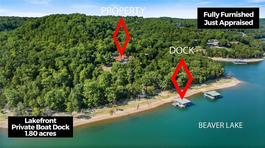 This estate has the WOW factor. Lakefront luxury home with private boat dock (2 slips) showcasing spectacular views of Beaver Lake. Situated on two parcels totaling 1.80 acres, this charmer was completely remodeled and updated throughout in 2019. Multiple outdoor entertainment areas were designed creating access to the water’s edge. This retreat is being sold fully furnished with acceptable offer and features an open concept, stylish kitchen with new s/s commercial appliances, quartz countertops, separate dining room with scenic views, cheerful bedrooms, luxurious living room boasting a spectacular wood burning fireplace, charming detached Scandinavian-style studio, and an exquisite dry creek bed surrounded by beautiful landscaping. Schedule your showing to see this entertainer's delight.