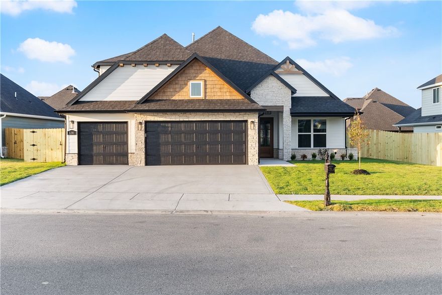 Welcome to Maple Estates in Centerton, Arkansas a beautifully located community just minutes from
 Bentonville’s West High School Campus, as well as nearby shopping, dining, entertainment, and outdoor recreation. This prime location offers the perfect blend of convenience and tranquility, allowing you to stay close to everything. The Jennifer plan a spacious and versatile two-story home offering 2,696 sq ft of thoughtfully designed living space. This 4-bedroom, 3.5-bathroom layout is ideal for both comfort and functionality, featuring the primary suite and a secondary bedroom on the main floor. Upstairs, two additional bedrooms share a full bathroom, providing a great setup. The open-concept kitchen and living area create a seamless flow for everyday living and entertaining, complemented by a separate breakfast nook for casual dining. Additional highlights include a three-car garage and a covered back patio with a cozy outdoor fireplace, making it the perfect retreat for relaxing or entertaining year-round.