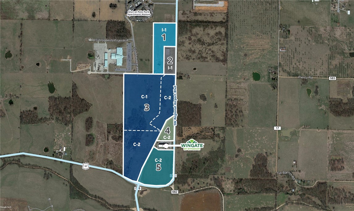 Large tracts of land for sale near the Northwest Arkansas National Airport in Bentonville, Arkansas. Location allows for easy access to Highway 12, Highway 112 and Interstate 49 via future XNA bypass connector. Growth in immediate area with new residential developments and quick access to Walmart Distribution Centers, J.B. Hunt Transport corporate offices and potential Amazon Distribution Center in Lowell, Arkansas. Can be sold as one or individually with option to purchase office building Polo Park Business Campus on 4.10 acres.