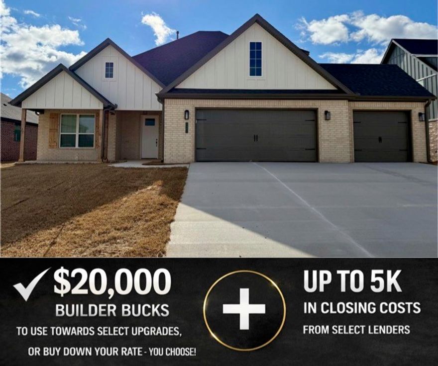 Discover the Palm plan in Hillcrest—an impressive 2-story home and a roomy 3-car garage. Features a seamless living, dining, and kitchen flow anchored by soaring 13’ ceilings in the living room. The kitchen shines with stainless steel appliances, a composite granite sink, and plenty of workspace for cooking and entertaining. A downstairs bedroom and full bath offer flexible space. Upstairs, you’ll find two additional bedrooms, a full bath, and a spacious bonus room. The primary suite is a true retreat with a large walk-in closet and spa-like bath, plus convenient access to the utility room. Come see why Hillcrest is one of Northwest Arkansas’ most sought-after communities—open houses every Sunday from 1–4 PM.
For a limited time, Builder Incentives: $20,000 Builder Bucks to use towards select upgrades, appliances, or buy down your rate – you choose! Plus up to 5K from select lenders. For a total of up to 25K with lender incentives! Fence, blinds, and gutters are all included.