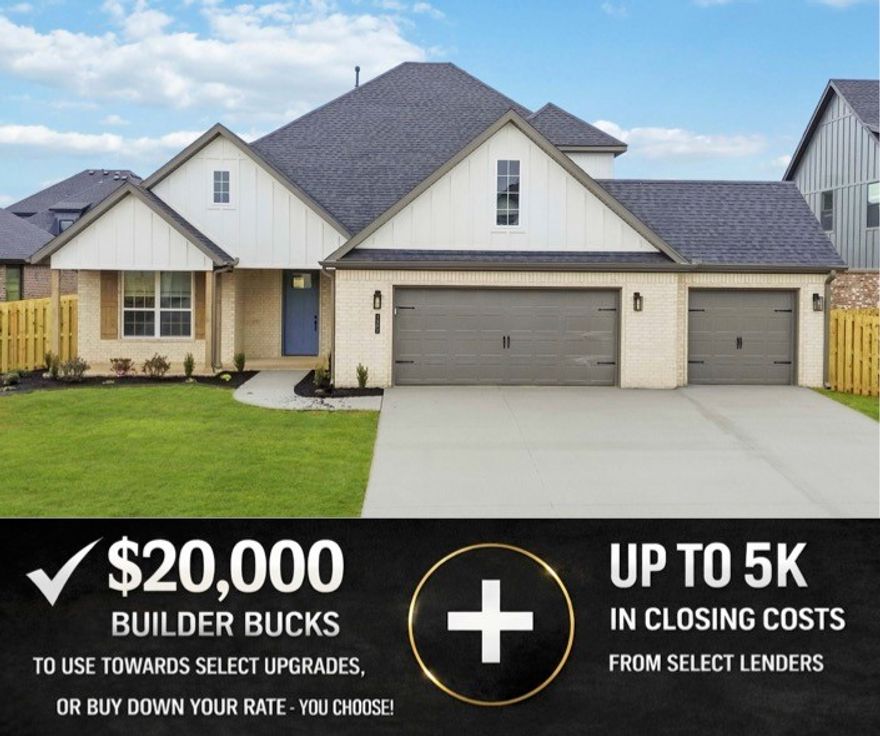 Discover the Palm plan in Hillcrest—an impressive 2-story home and a roomy 3-car garage. Features a seamless living, dining, and kitchen flow anchored by soaring 13’ ceilings in the living room. The kitchen shines with stainless steel appliances, a composite granite sink, and plenty of workspace for cooking and entertaining. A downstairs bedroom and full bath offer flexible space. Upstairs, you’ll find two additional bedrooms, a full bath, and a spacious bonus room. The primary suite is a true retreat with a large walk-in closet and spa-like bath, plus convenient access to the utility room. Come see why Hillcrest is one of Northwest Arkansas’ most sought-after communities—open houses every Sunday from 1–4 PM.
For a limited time, Builder Incentives: $20,000 Builder Bucks to use towards select upgrades, appliances, or buy down your rate – you choose! Plus up to 5K from select lenders. For a total of up to 25K with lender incentives! Fence, blinds, and gutters are all included.